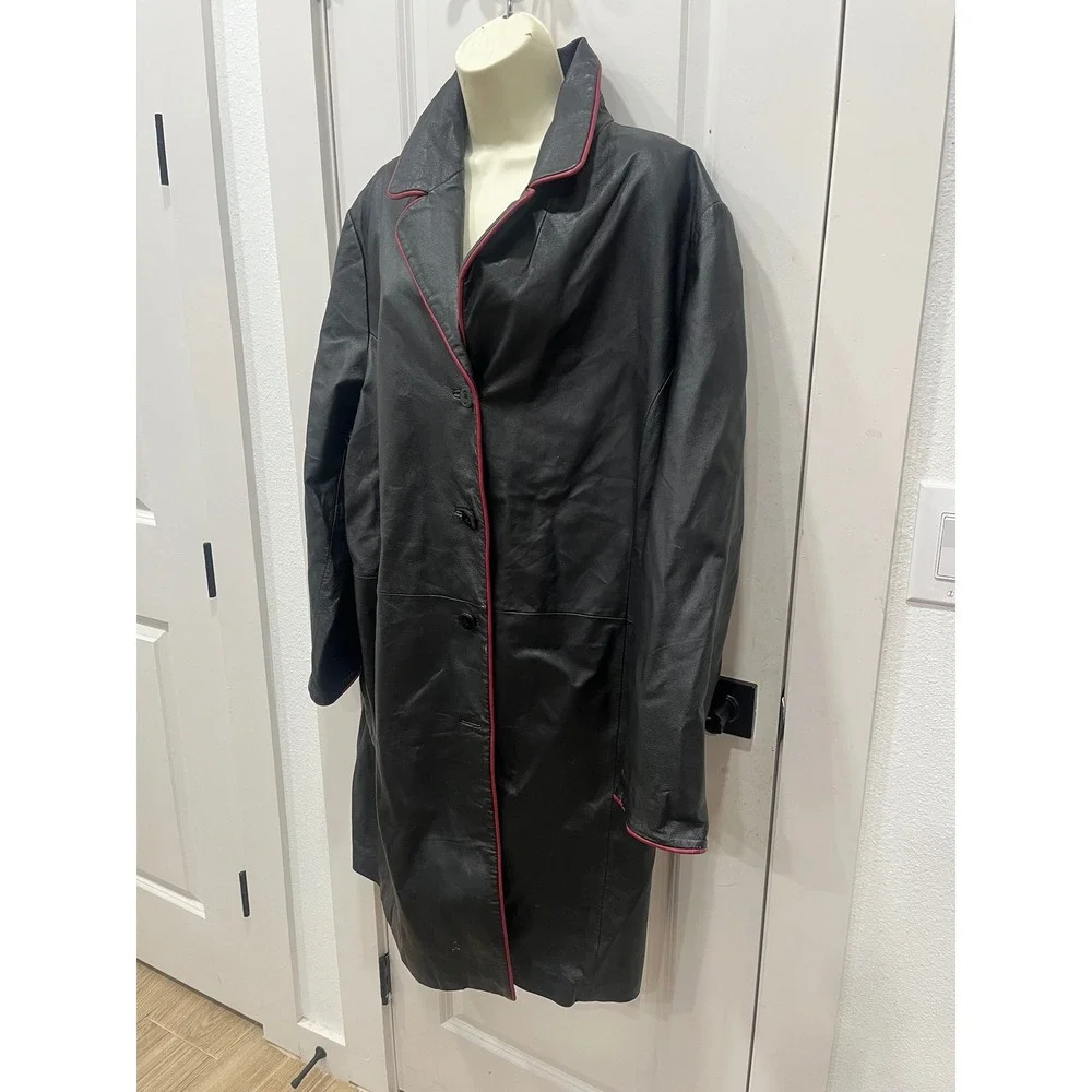 Mens Black Leather Trench Coat Pink Trim‎ Duster Jacket Outerwear Venezia